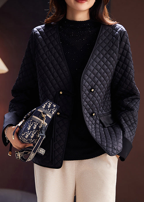 Black V Neck Button Thin Cotton Filled Coat Spring
