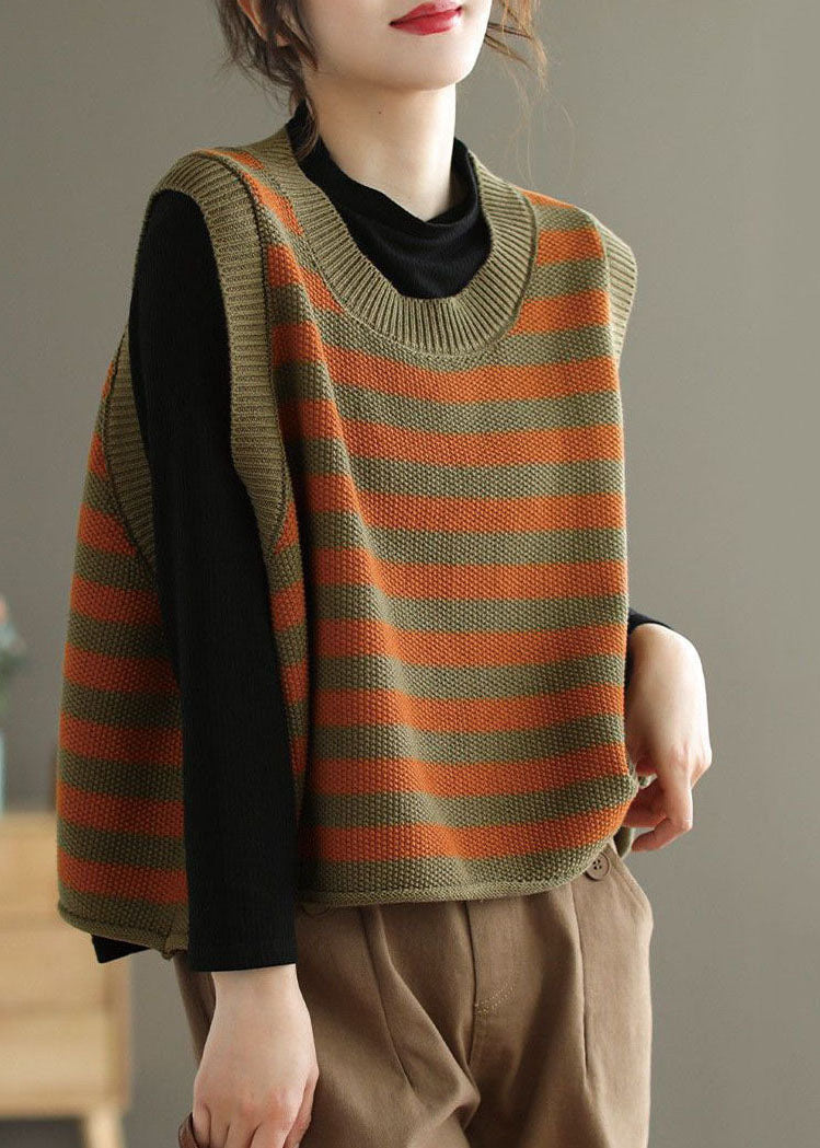 Orange Striped Knit Vest O-neck Oversized Spring