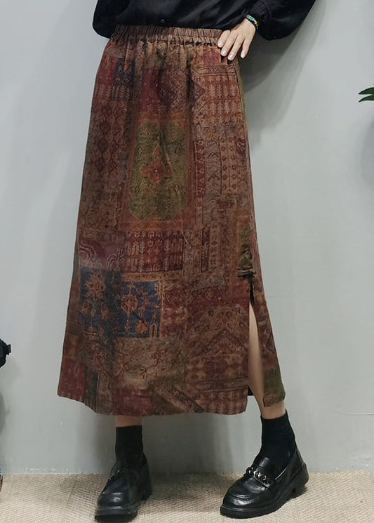 Chocolate Elastic Waist Side Open Linen a Line Skirt Spring