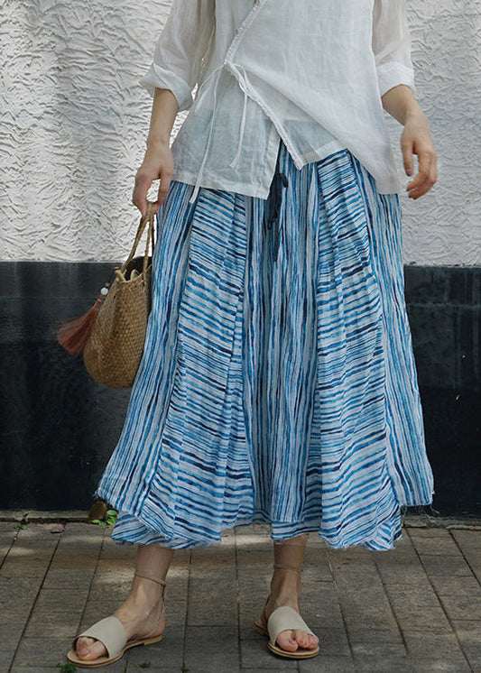 Blue Asymmetrical Design Striped Patchwork Linen Skirt Spring