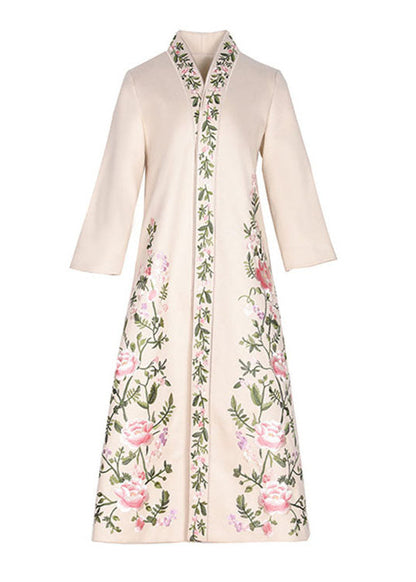 Apricot V Neck Print Oriental Fall Winter Three Quarter Sleeve Coat