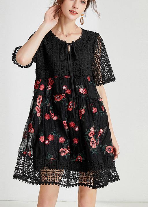 Black Embroidery Lace Bow Summer Dress