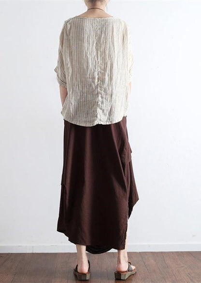 Chocolate Side Drawstring Linen Skirts Asymmetrical Oversized Cotton Skirt Outfit