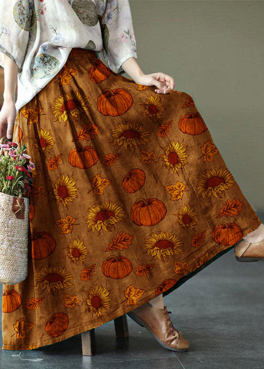 Brown-pumpkin Print Ramie Elastic Waist Skirt