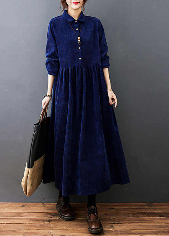Style Navy Peter Pan Collar Button Corduroy Long Dress