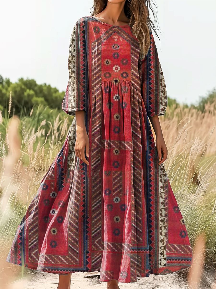 Women's Ethnic Tattoo Pattern Art Print Cotton Round Neck Dress