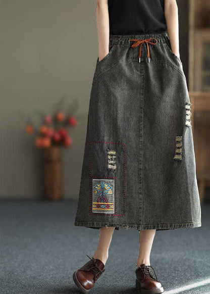 Black Side Open Embroideried Pockets Cotton Denim Ripped Skirt Cozy