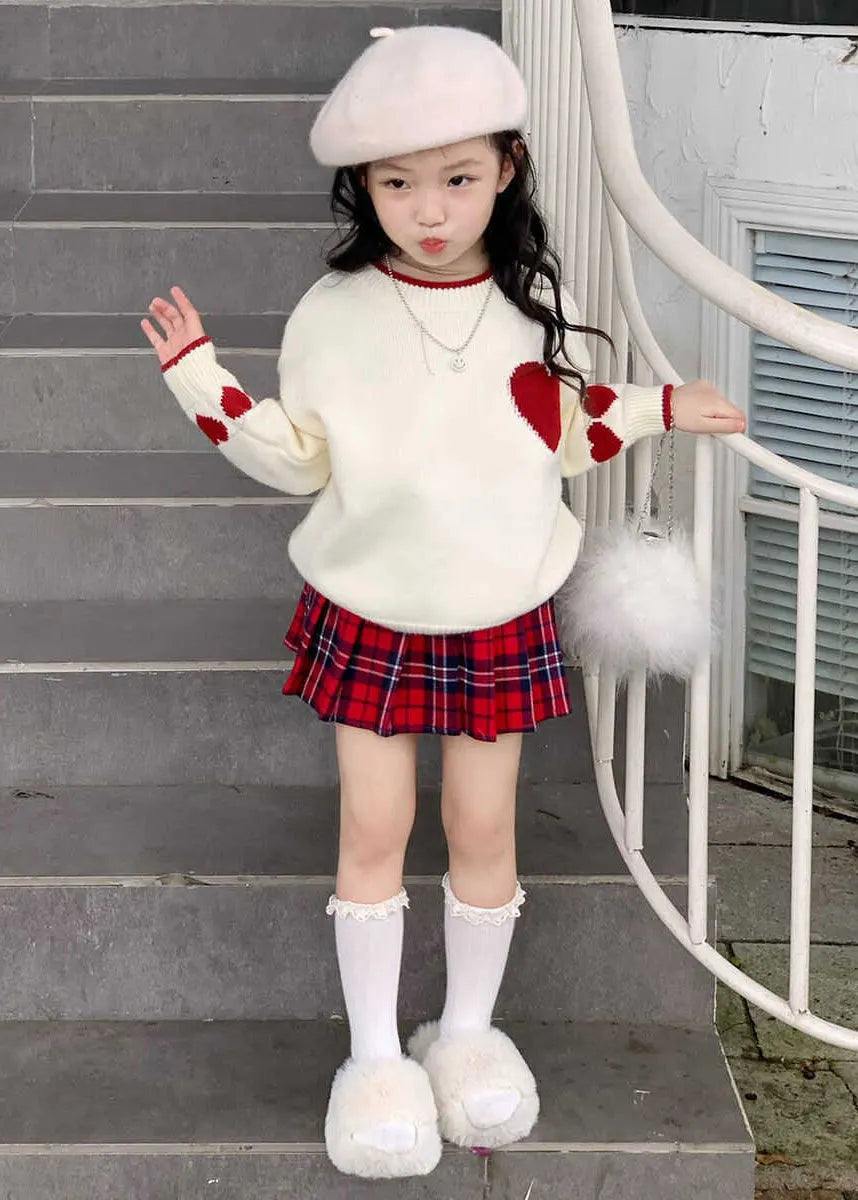 Red Patchwork Kids Cotton Knit Sweaters and Skirts Two Piece Set Spring
