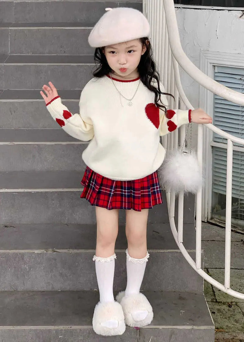 Red Patchwork Kids Cotton Knit Sweaters and Skirts Two Piece Set Spring