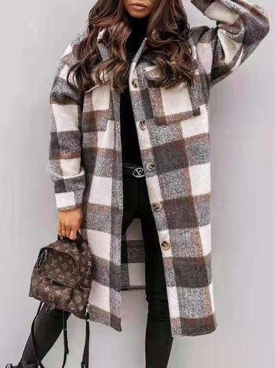 Coats Single Breasted Plaid Brushed Mid Length Wool Coat