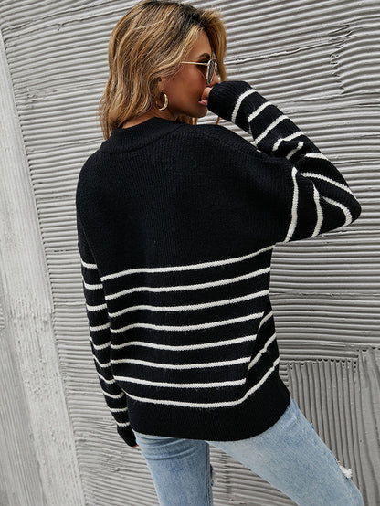 Striped Colorblock High Neck Zip Sweater
