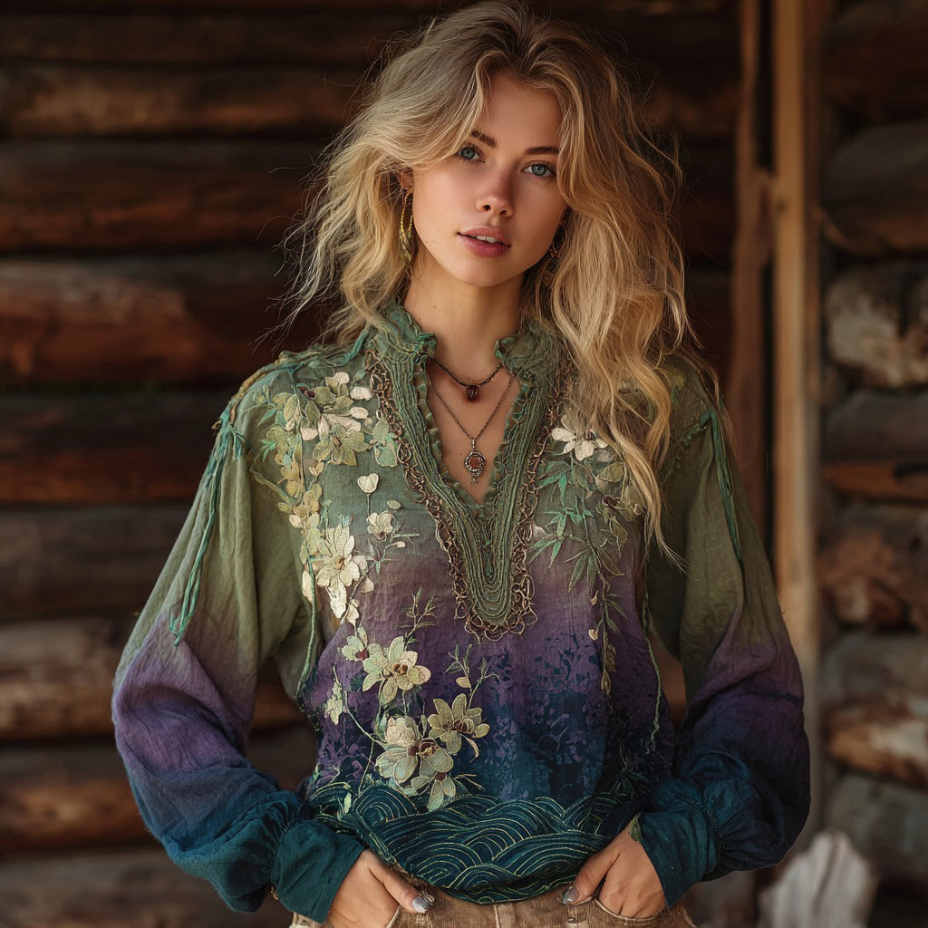 Classy Gradient Bamboo Blossom Embroidery Art Linen Long Sleeve Shirt elevenforest
