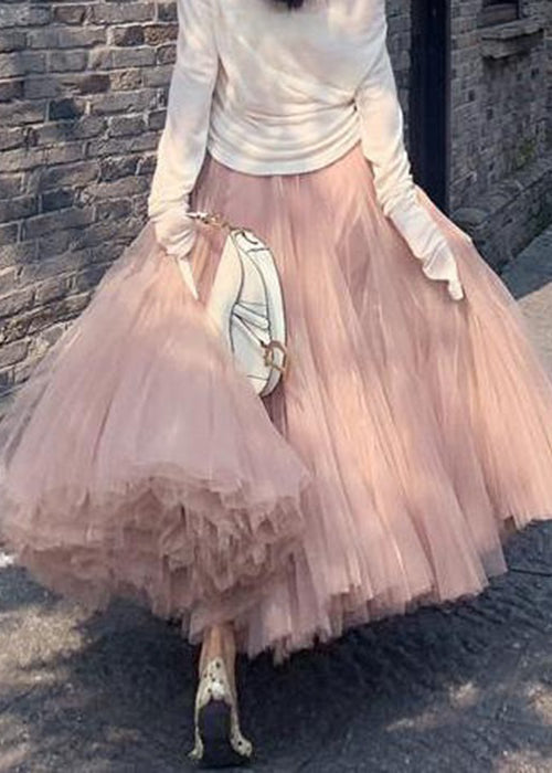 Pink Wrinkled High Waist Tulle Skirt Spring
