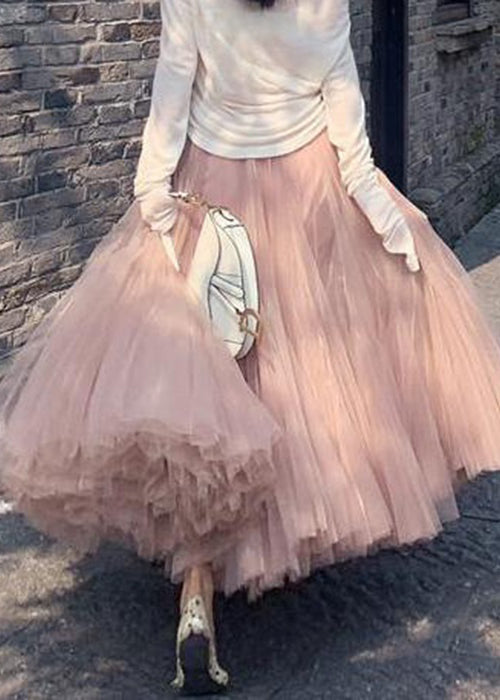Pink Wrinkled High Waist Tulle Skirt Spring