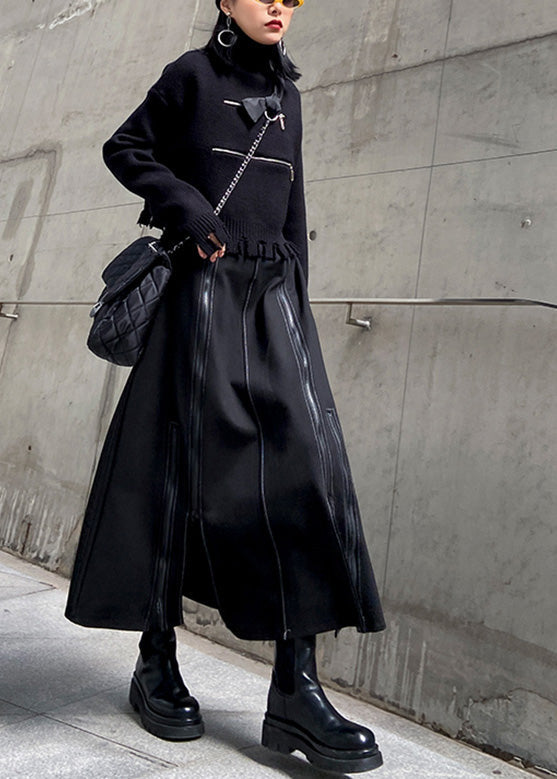 Black Elastic Waist Zippered a Line Skirt Spring