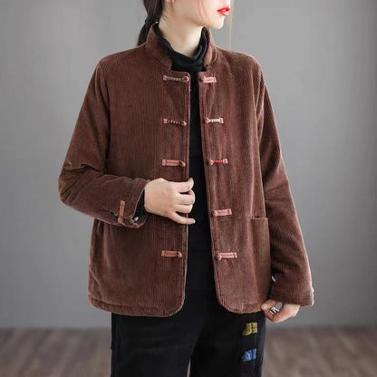 Stand Collar Corduroy Buckle Stripe Thermal Jacket