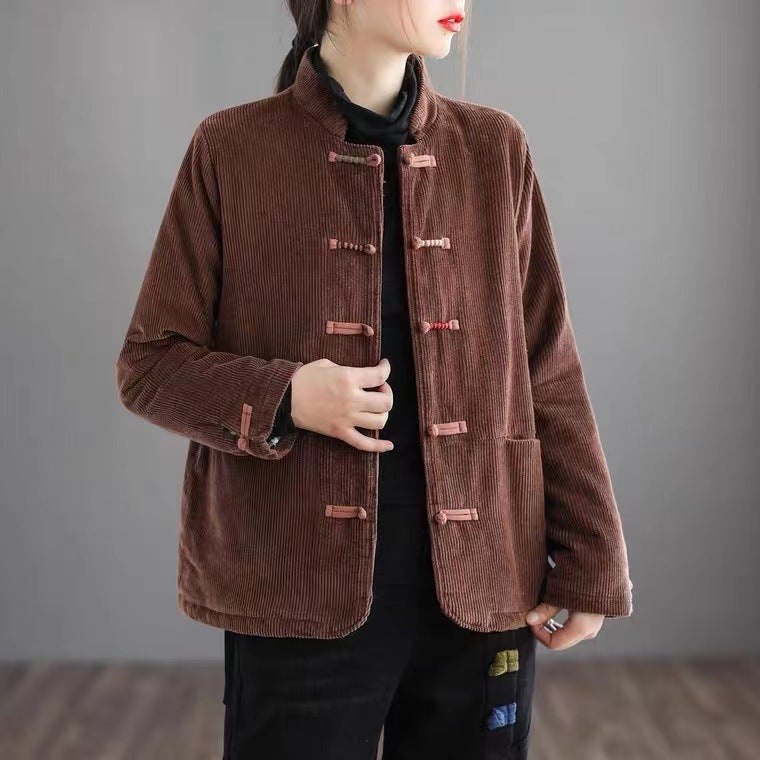 Stand Collar Corduroy Buckle Stripe Thermal Jacket