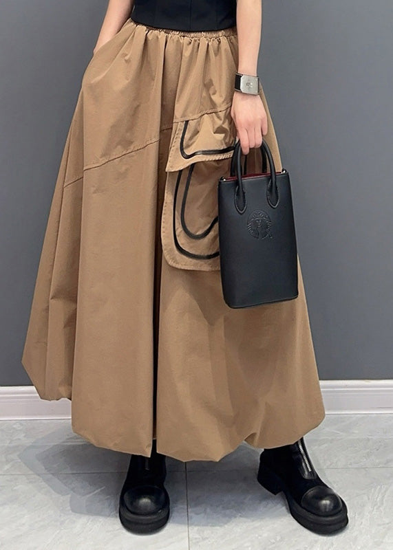 Khaki Pockets Elastic Waist Cotton Skirts Summer