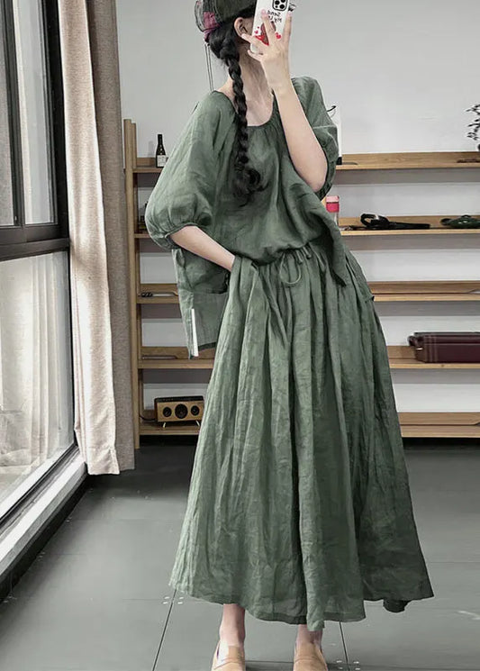 Green O-neck Top and a Line Skirts Two Pieces Set Summer