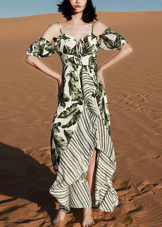 Green Print Lace Up Patchwork Cotton Spaghetti Strap Dress Summer