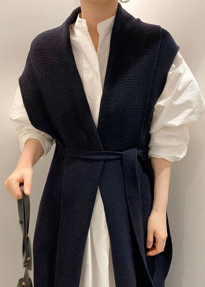 Black Patchwork Tie Waist Knit Long Vest Outwear Sleeveless