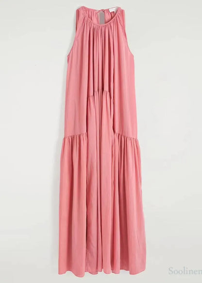 Pink Cold Shoulder Wrinkled Cotton Sundresses Summer