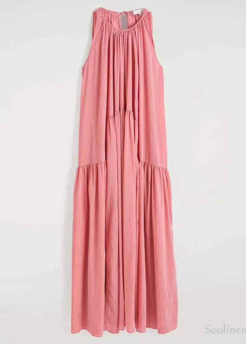 Pink Cold Shoulder Wrinkled Cotton Sundresses Summer