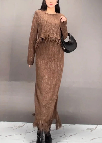 Stylish Brown O-neck Asymmetrical Tassel Top and Maxi Skirts Two Pieces Set Spring