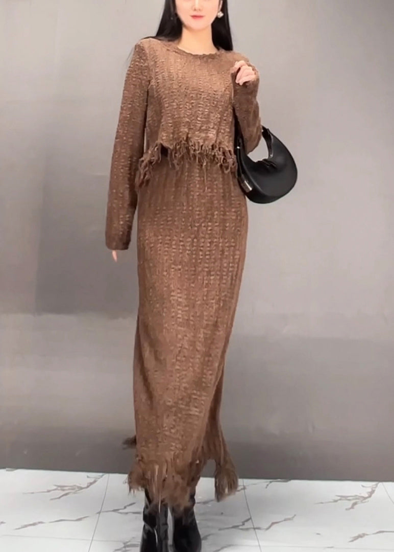 Stylish Brown O-neck Asymmetrical Tassel Top and Maxi Skirts Two Pieces Set Spring