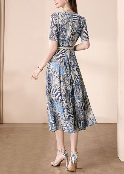 V Neck Print Wrinkled Chiffon Dress Summer