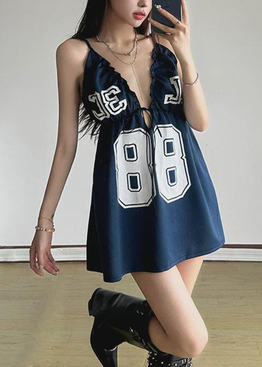 Blue V Neck Graphic Backless Holiday Mid Dress Sleeveless