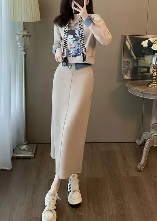 Hooded Print Sweatshirt and Skirts Cotton Two Pieces Set Long Sleeve