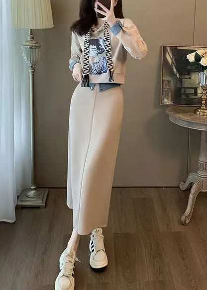 Hooded Print Sweatshirt and Skirts Cotton Two Pieces Set Long Sleeve