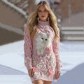 Comstylish Women's Vintage Cute Cat Rose Pattern Knit Turtleneck Sweater Mini Dress