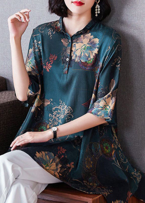 Green Asymmetrical Print Silk Shirt Summer