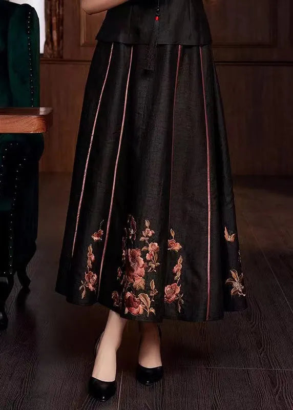 Chinese Style Black Embroidered Pockets Patchwork Silk Skirts Fall