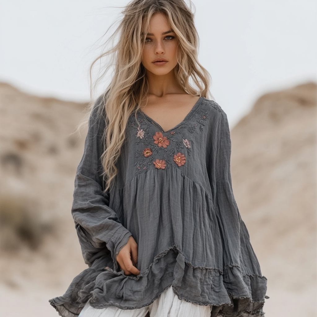 Vintage Bohemian Floral Irregular Linen Shirt elevenforest