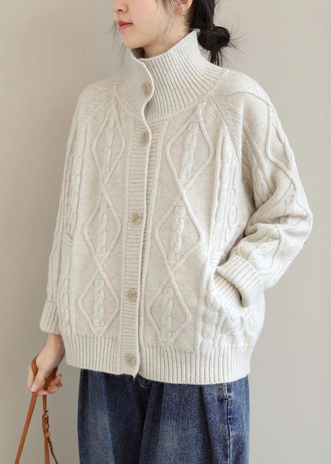 Cozy Beige Sweaters Stand Collar Pockets Knit Sweat Tops