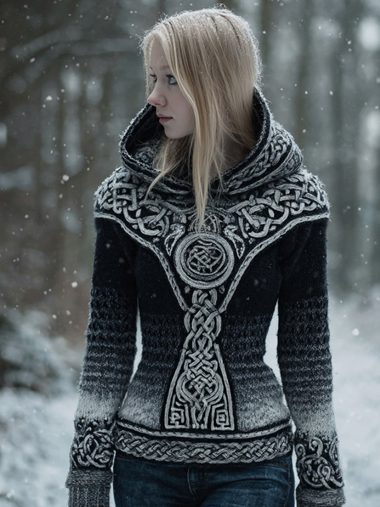 Viking Style Gradient Black And White Celtic Knot Hooded Sweater artswardrobe