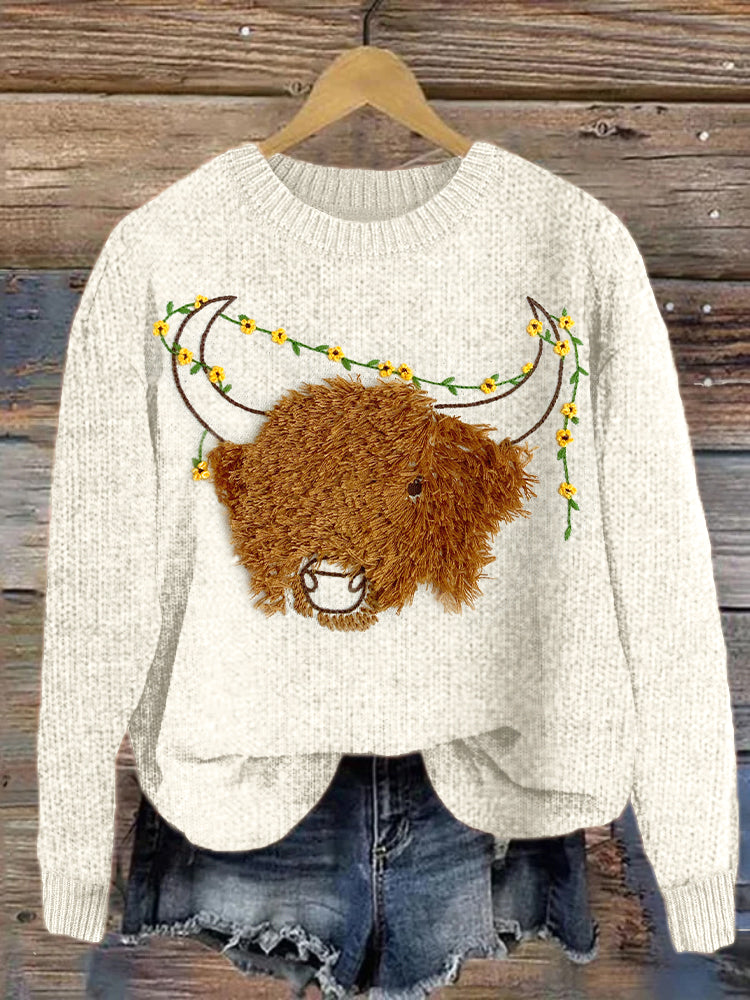 Cute Highland Cow Embroidered Cozy Knit Sweater artswardrobe