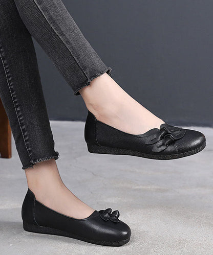 Black Bow Flat Shoes for Handmade Cowhide Leather Flat Shoes