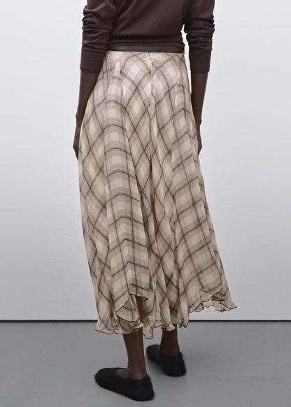 Brown Plaid High Waist Maxi Skirts Fall