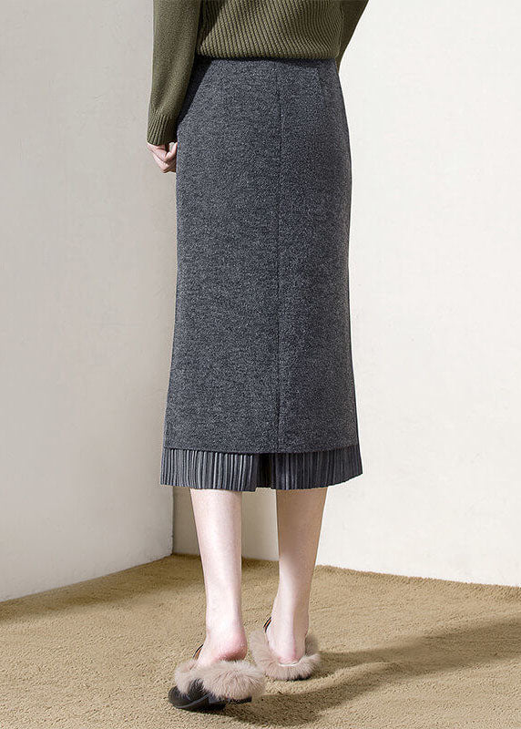 Grey High Waist Patchwork Side Open Woolen Wraped Skirts Winter