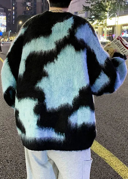 Blue O Neck Patchwork Knit Sweater Winter