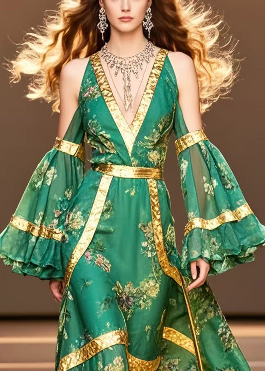 Tea Green Cold Shoulder Print Chiffon Ankle Dress Flare Sleeve