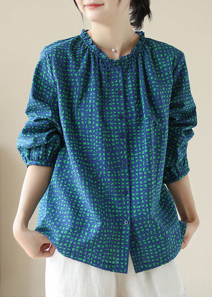 New Blue Ruffled Print Cotton Shirt Tops Spring