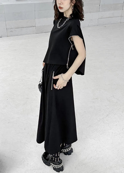 Black Zip Up Patchwork Tops and Skirts Cotton Two Pieces Set Fall