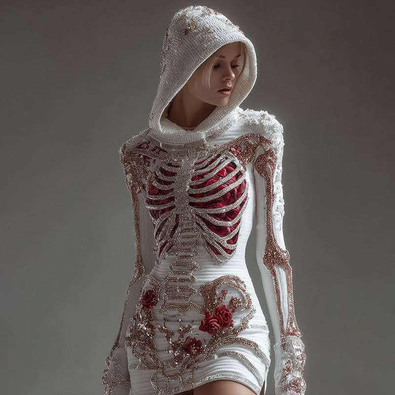 Comstylish Women's Skeleton Roses Bandages Art Knit Hooded Mini Sweater Dress