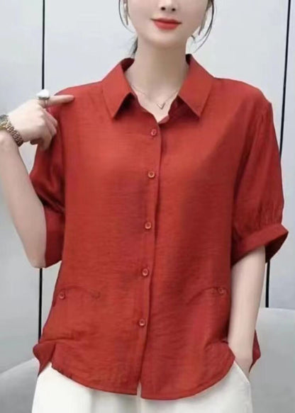 Red Peter Pan Collar Low High Design Silk Shirt Short Sleeve