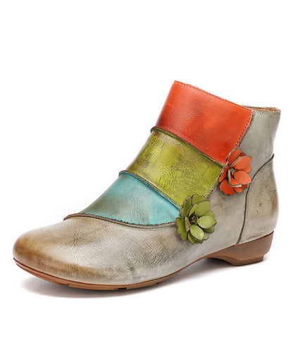 Grey Boots Cowhide Leather Comfortable Splicing